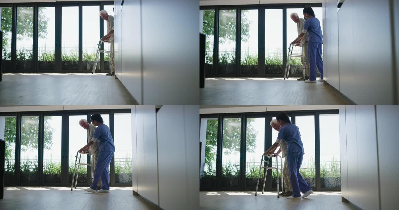 一名女护士帮助她的老年男性患者使用助行器的4k视频片段
