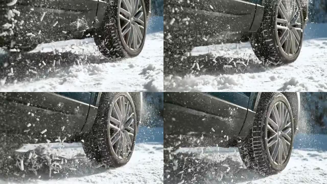 特写: 试图沿着白雪皑皑的街道行驶时，汽车的车轮在适当的位置旋转。