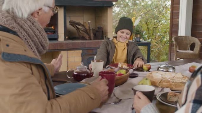 祖父母在户外用餐时与孙子交谈