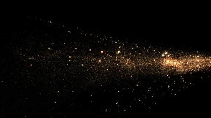 美丽的金星小径在屏幕上移动，闪烁的粒子漂浮在空中。金尘发光散景在黑色背景上飞行神奇风格的3d动画。
