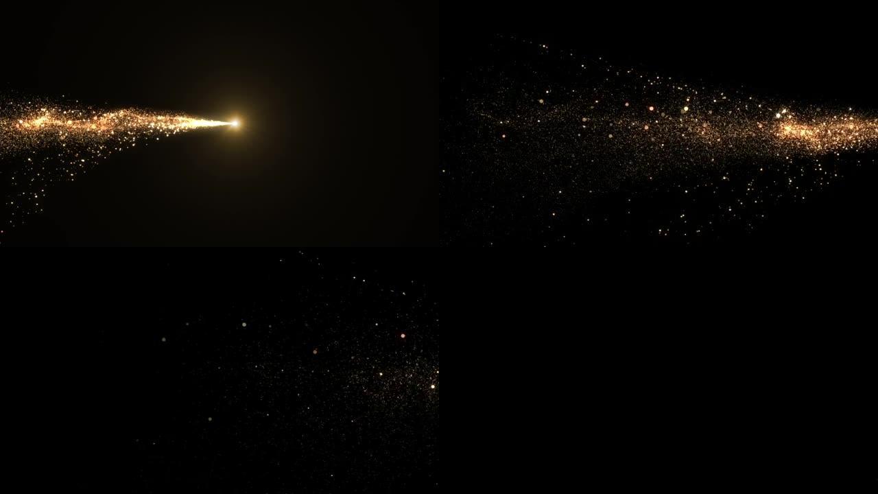 美丽的金星小径在屏幕上移动，闪烁的粒子漂浮在空中。金尘发光散景在黑色背景上飞行神奇风格的3d动画。