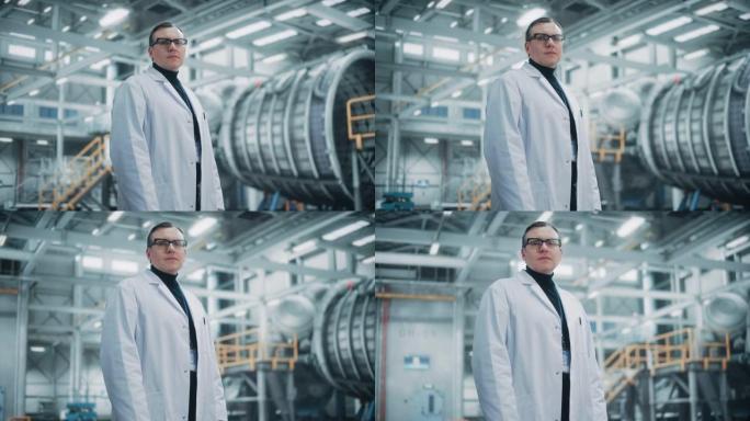 穿着白色实验室外套和安全眼镜的专业男性重工业工程师/工人的肖像。自信的高加索工业专家站在工厂里。