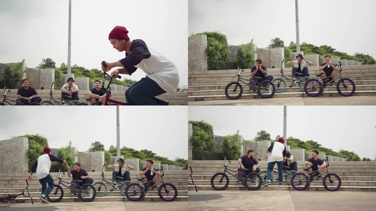 亚洲青少年男孩团体骑自行车。