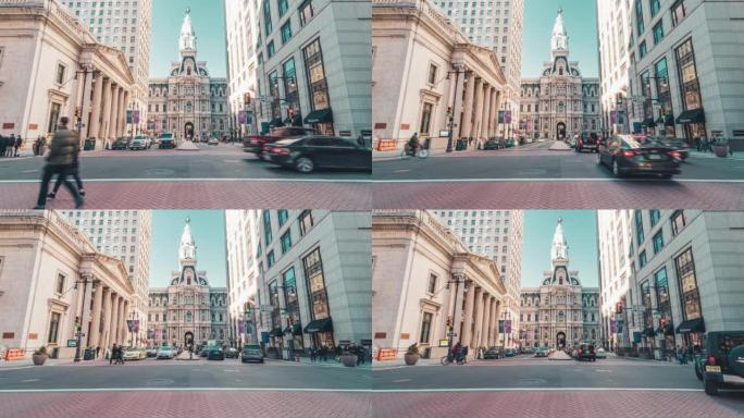 费城具有里程碑意义的历史悠久的市政厅在美国宾夕法尼亚州的交通时间流逝