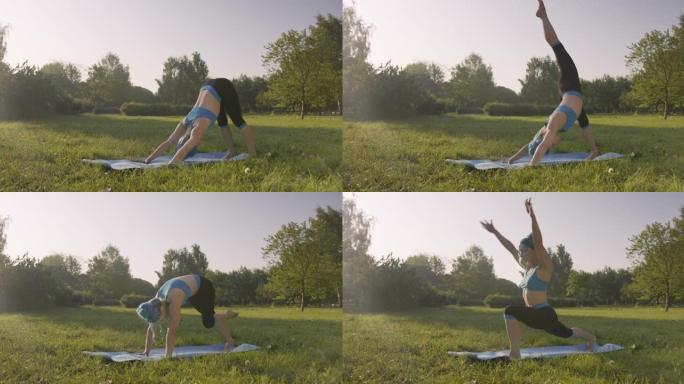 迷人的年轻女子，蓝色的头发，穿着蓝色的瑜伽服，在公园的草地上做瑜伽，在日出或日落时，用一只腿在瑜伽垫