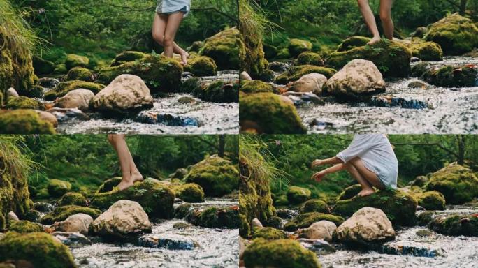 SLO MO年轻女子赤脚走过溪流边的岩石
