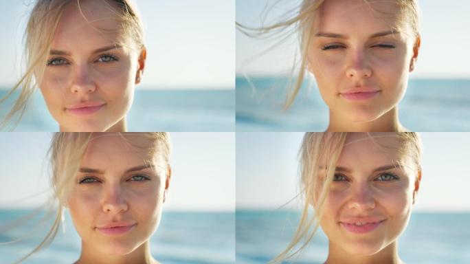 年轻微笑的金发女人的慢动作很高兴在阳光明媚的日子里在海边享受暑假。