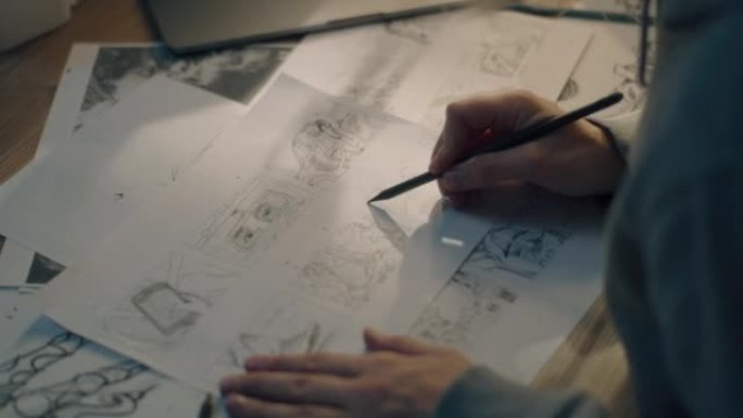 女动画师在分镜上创作铅笔素描作品创意艺术作品