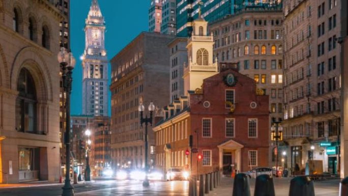 美国马萨诸塞州暮光之城波士顿旧州议会大厦的时间流逝