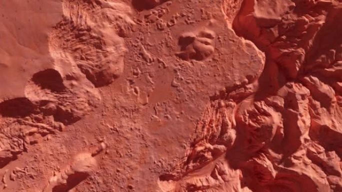 火星星球。从计算机图形学中无人机拍摄的行星的石头红色沙子表面