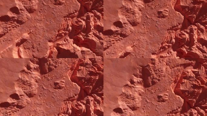 火星星球。从计算机图形学中无人机拍摄的行星的石头红色沙子表面