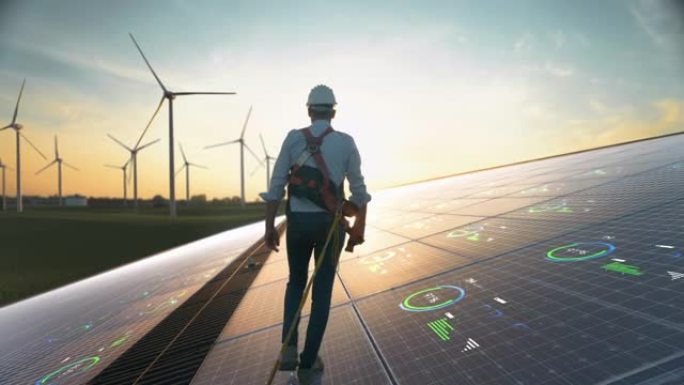 专业男性可持续能源工程师行走在工业太阳能电池板上，佩戴安全设备。用风力涡轮机检查绿色能源农场的人。V