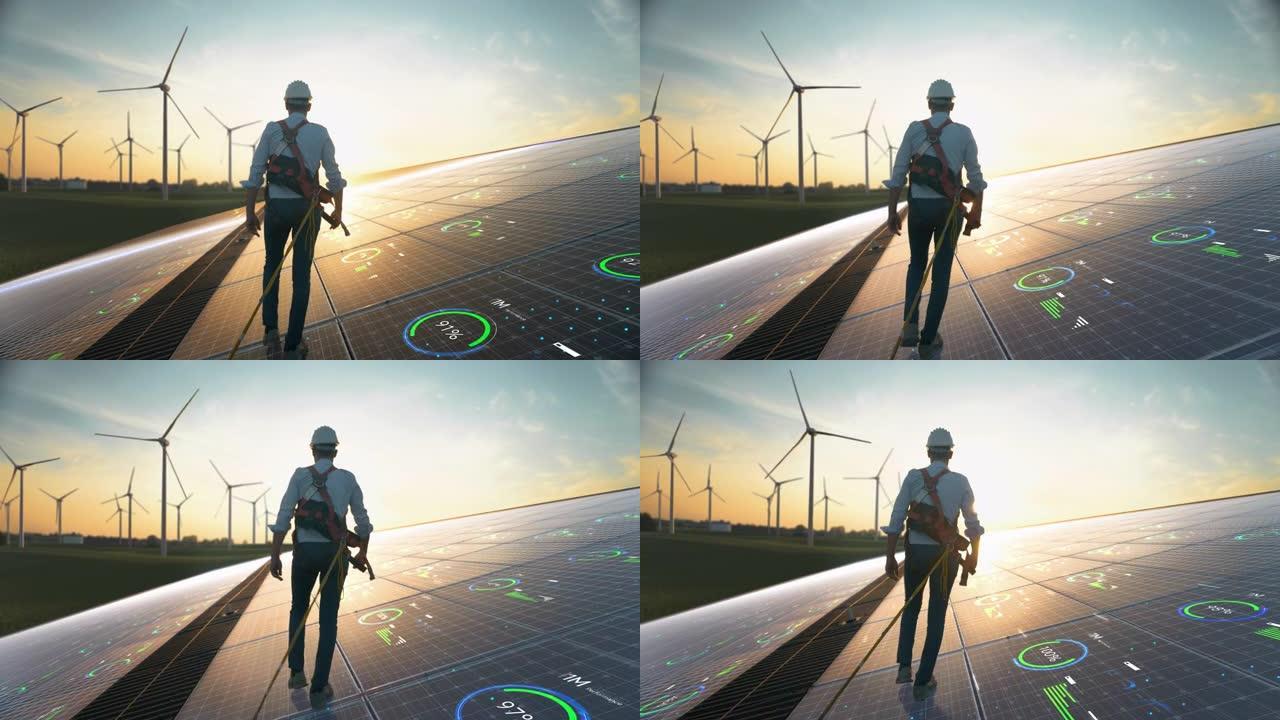 专业男性可持续能源工程师行走在工业太阳能电池板上，佩戴安全设备。用风力涡轮机检查绿色能源农场的人。V