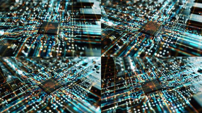 未来技术概念可视化: 电路板CPU处理器微芯片启动神经网络的AI数字化。数字线路连接成人工智能符号