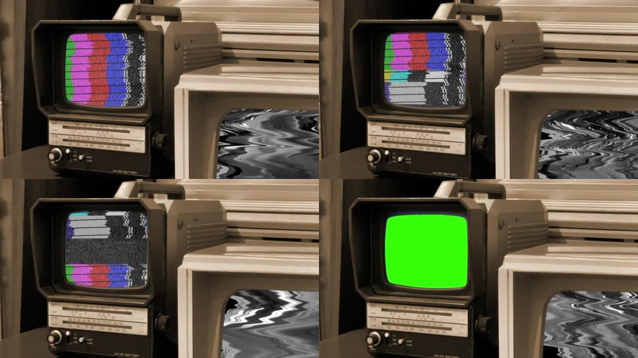 旧电视监视器打开带彩条的绿色屏幕。特写。棕褐色色调。