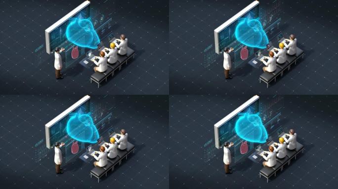 远程医学，医学分析研究会议用全息图心脏的医生矢量插图，未来医疗技术。4k动画。