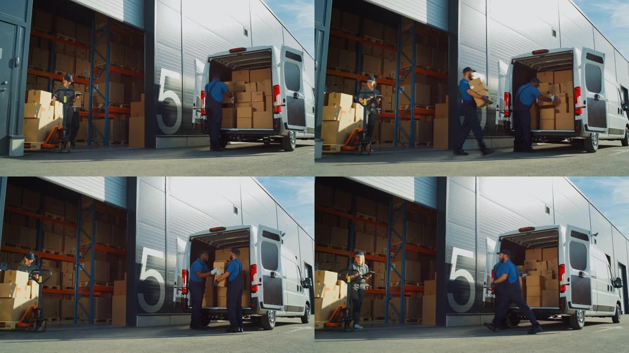 在物流配送仓库之外，经理使用平板电脑，不同的工人用纸板箱装载送货卡车。在线订单、采购、电子商务商品。