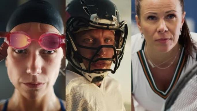 分屏电影蒙太奇: 不同职业运动员的肖像。女子游泳冠军创造纪录后。女子网球运动员赢得了比赛。男子美式足
