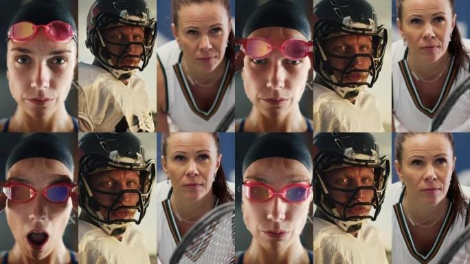 分屏电影蒙太奇: 不同职业运动员的肖像。女子游泳冠军创造纪录后。女子网球运动员赢得了比赛。男子美式足