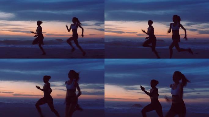 健身，运动和健康健康的女性在日落期间沿着海洋海岸奔跑。女性锻炼有氧运动，增强耐力和耐力，促进健康和健