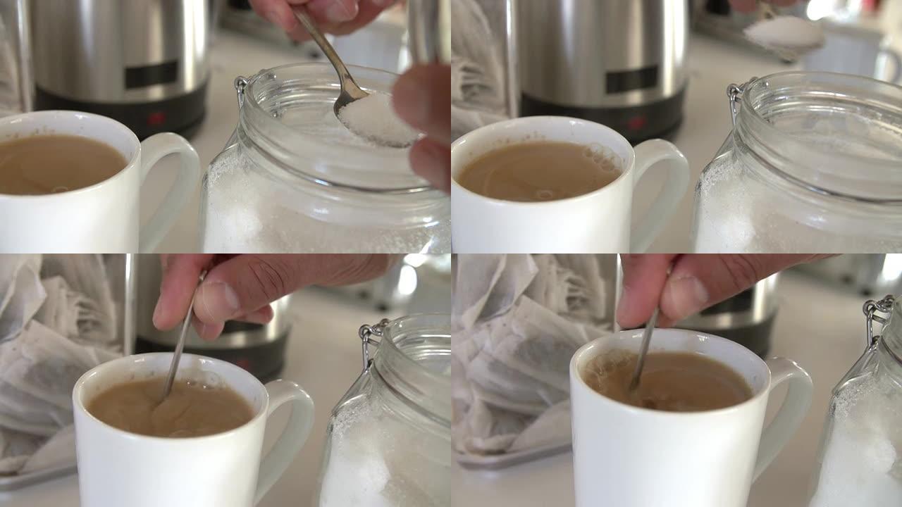 在茶杯中添加糖的慢动作顺序