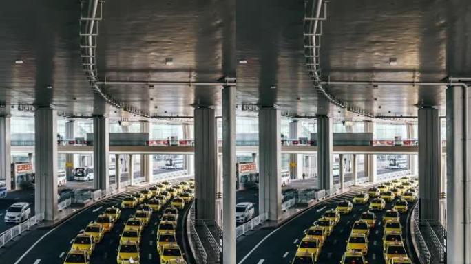 T/L PAN机场出口繁忙的黄色出租车排队