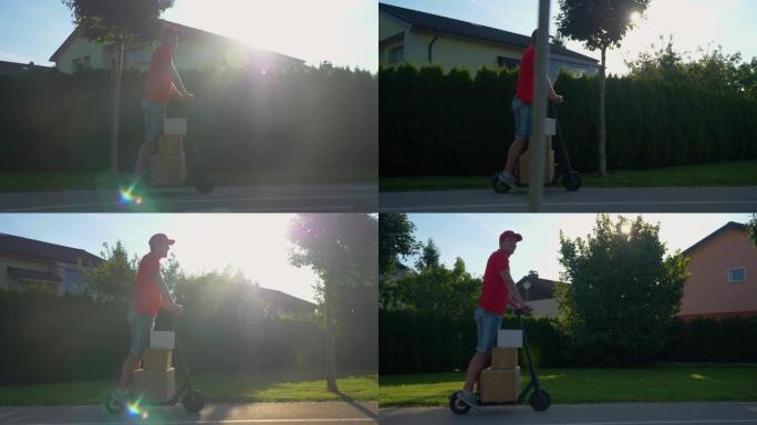镜头耀斑: 送货员在电动滑板车上运输包裹很开心。