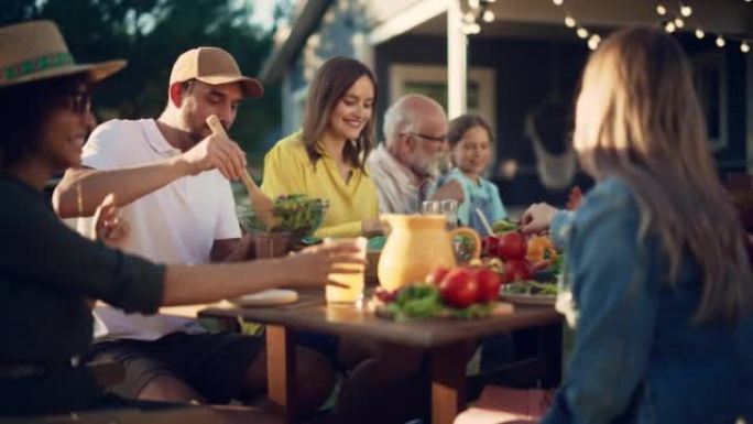 一群多种族不同的人在户外玩得开心，互相交流，吃素食的肖像。在温暖的夏日，家人和朋友聚集在家外。