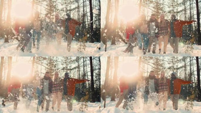 寒假。快乐有趣的多民族朋友摆姿势踢雪，微笑在阳光明媚的森林徒步镜头耀眼慢动作。