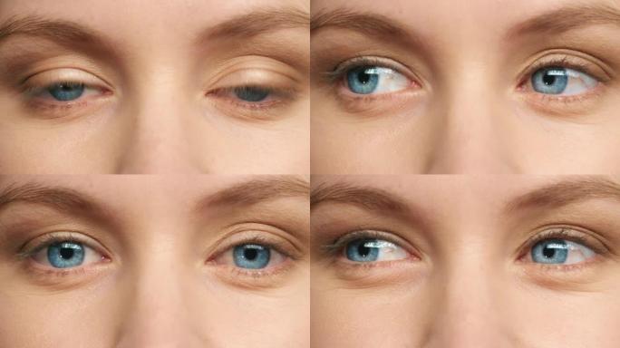 蓝眼颜色、隐形眼镜变焦和人类视觉监控。激光视力手术，视觉健康特写和高加索肖像。生物识别身份，年轻女孩