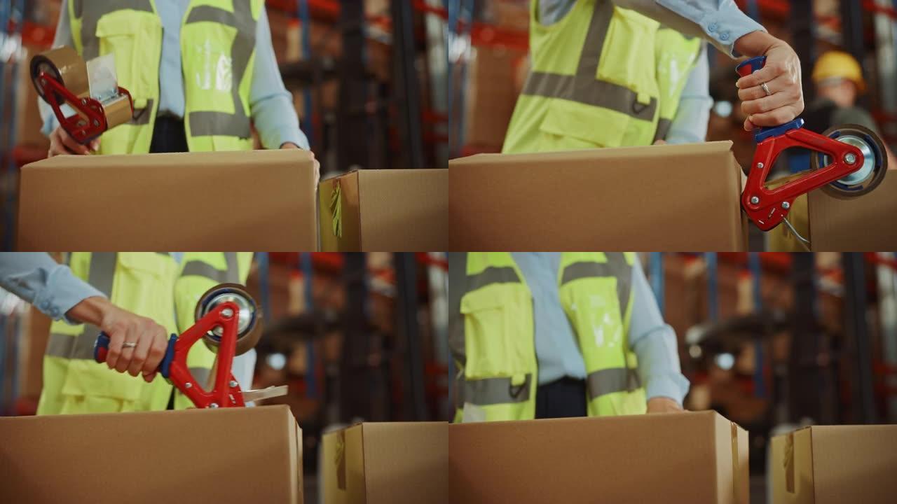在零售仓库专业工人包装包裹，用胶带分配器密封的纸板箱准备装运。送货配送中心堆满了货架上的货物。慢动作