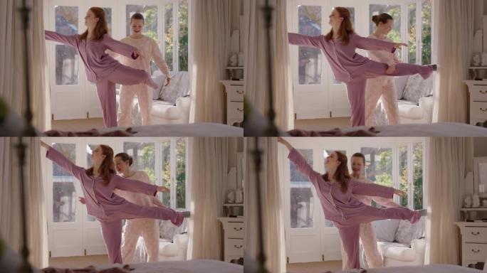 快乐的少女在卧室里练习芭蕾舞动作最好的朋友周末早上穿着睡衣排练得很开心