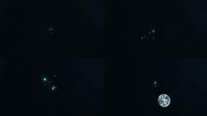 科幻战斗巡洋舰宇宙飞船在接近地球时旋转
