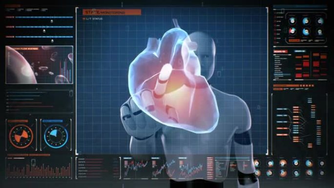 机器人触摸数字屏幕，扫描多边形心脏。人类心血管系统与UI，未来医疗技术。4千。