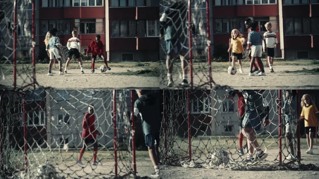 多民族多样的朋友在城市后院外面踢足球。年轻的非洲裔美国男孩运球，独自传球对手并进球。冷去饱和颜色分级