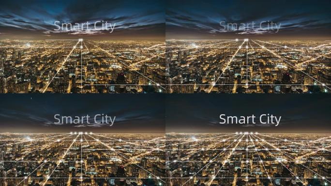 T/L芝加哥城市天际线和夜间智慧城市概念