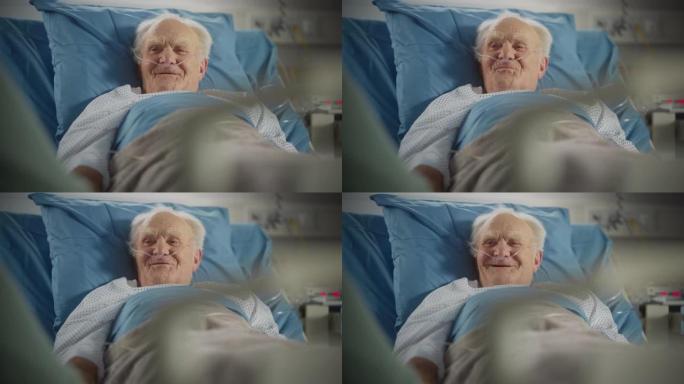 医院病房: 英俊的老人躺在床上休息，生病后完全康复并手术成功的肖像。老人微笑着，想起了他幸福的长寿，