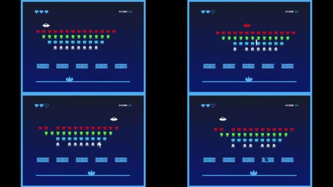 复古8位80年代灵感的游戏机街机视频游戏。加载屏幕和播放电视或移动设备屏幕与太空船击落外星人和飞碟老