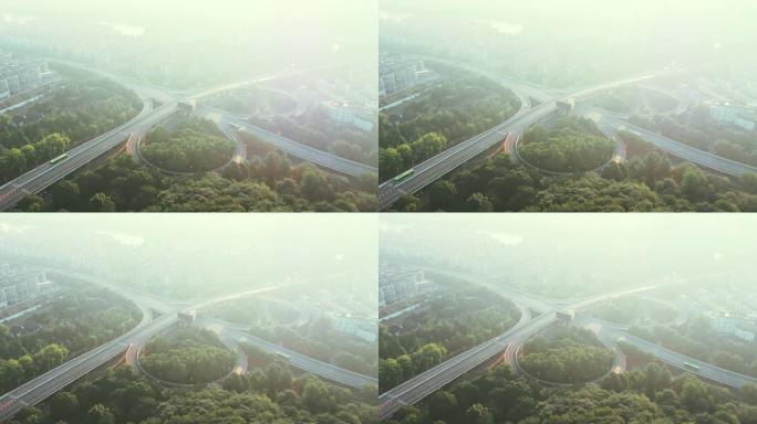鸟瞰图路口雾霾下的城市景观