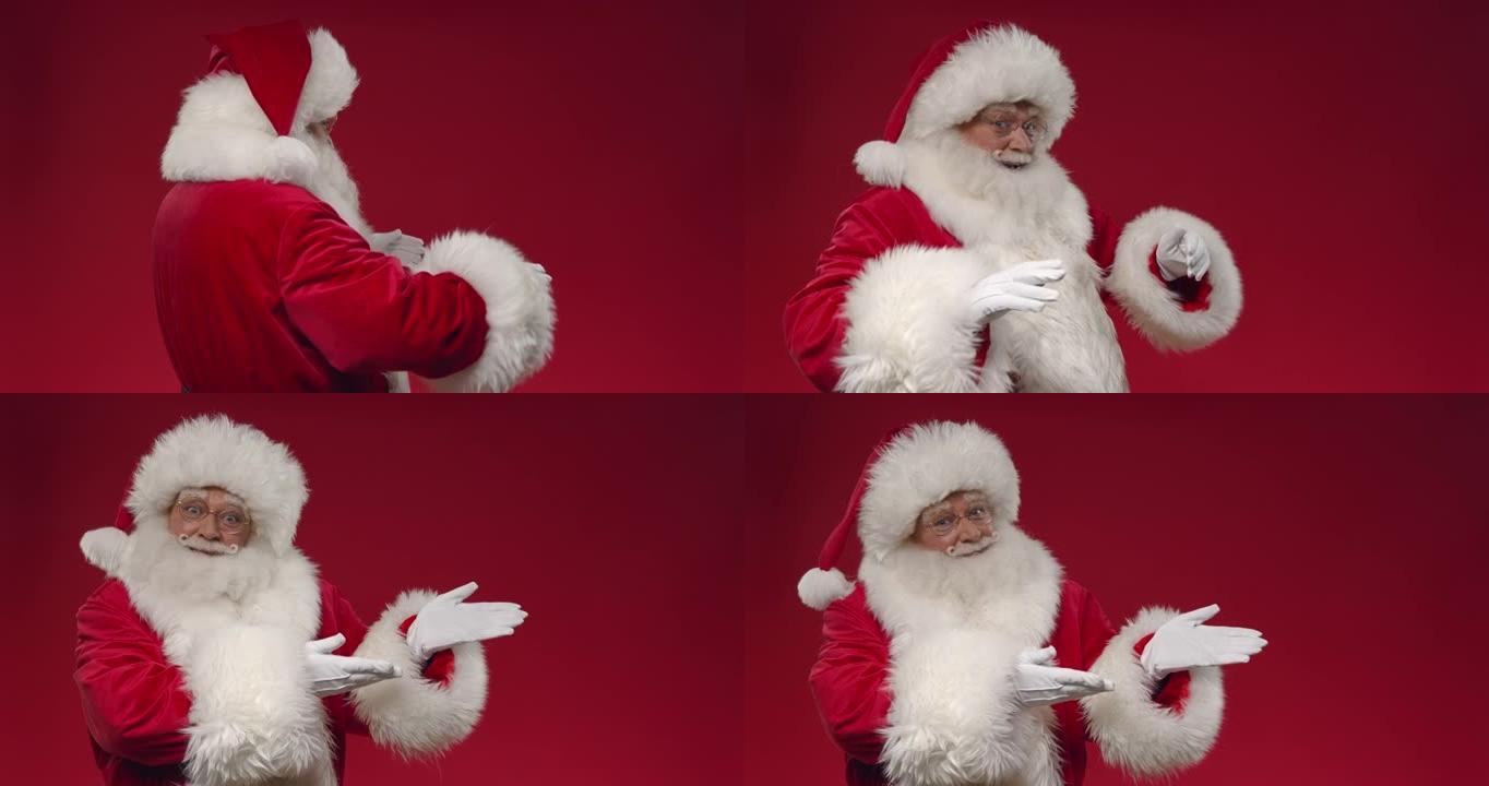 一个转身的圣诞老人用他的手指着右边的复制空间，我们看到他在红色背景上