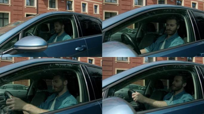 汽车司机坐在车里，在走之前检查后视镜和变速杆