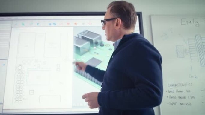 男老师在大学使用数字屏幕，与人交谈并显示3D计算机主板组件。教学技术概念中的创新技术。特写