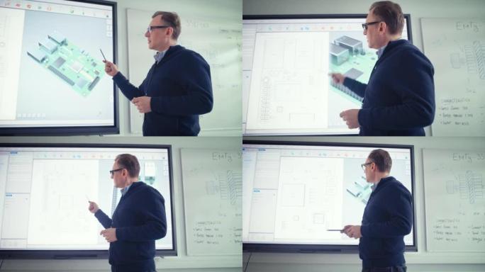 男老师在大学使用数字屏幕，与人交谈并显示3D计算机主板组件。教学技术概念中的创新技术。特写