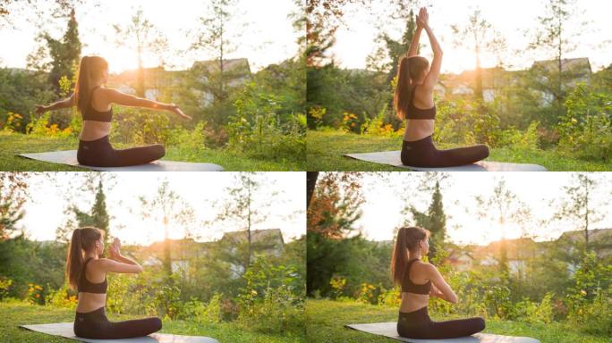 年轻的身体意识女性保持健康的生活方式，冥想，在后院户外做瑜伽姿势