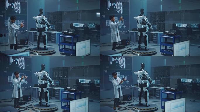 在机器人技术开发实验室: 工程师使用具有增强现实的数字平板电脑来设计外骨骼原型。建造Exosuit以