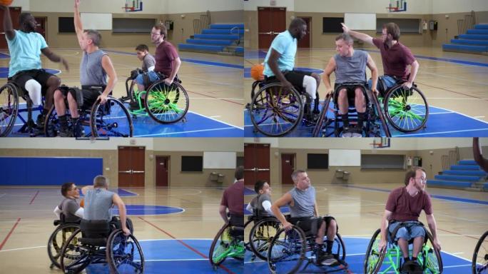 四名男子打轮椅篮球，传球和投篮