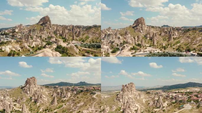 令人惊叹的古老历史山岩镇的长空中全景，卡帕多西亚土耳其的阳光明媚的风景全景。