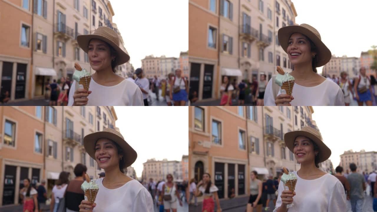 美丽的女人在罗马观光，同时享受美味的冰淇淋