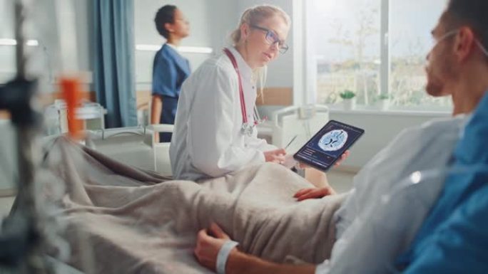 医院病房: 友好的女医生与卧床休息的患病男性患者交谈，使用平板电脑，显示并解释脑部CT MRI扫描结