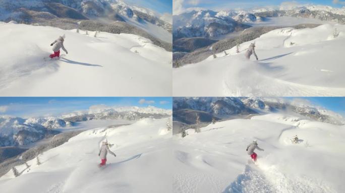 慢动作: 在偏远地区活跃的寒假滑雪板上的女人。